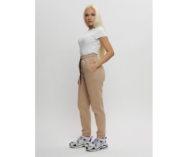 Джоггеры женские на флисе зимние бежевого цвета 1097B