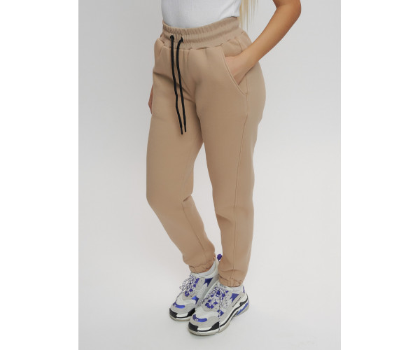 Джоггеры женские на флисе зимние бежевого цвета 1097B