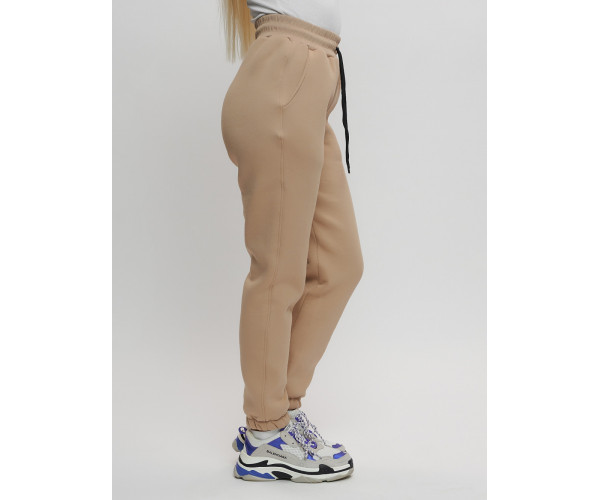 Джоггеры женские на флисе зимние бежевого цвета 1097B