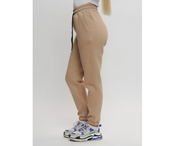 Джоггеры женские на флисе зимние бежевого цвета 1097B