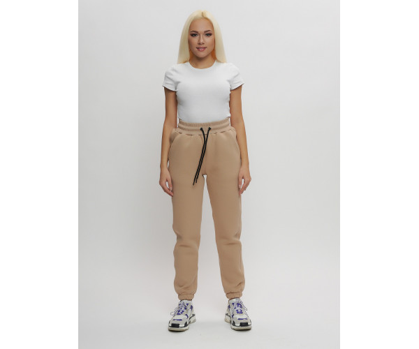 Джоггеры женские на флисе зимние бежевого цвета 1097B