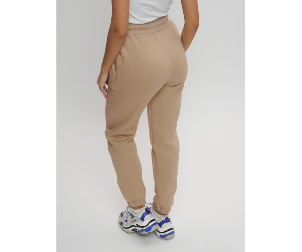Джоггеры женские на флисе зимние бежевого цвета 1097B