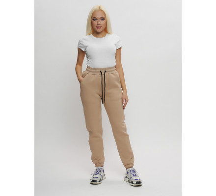 Джоггеры женские на флисе зимние бежевого цвета 1097B