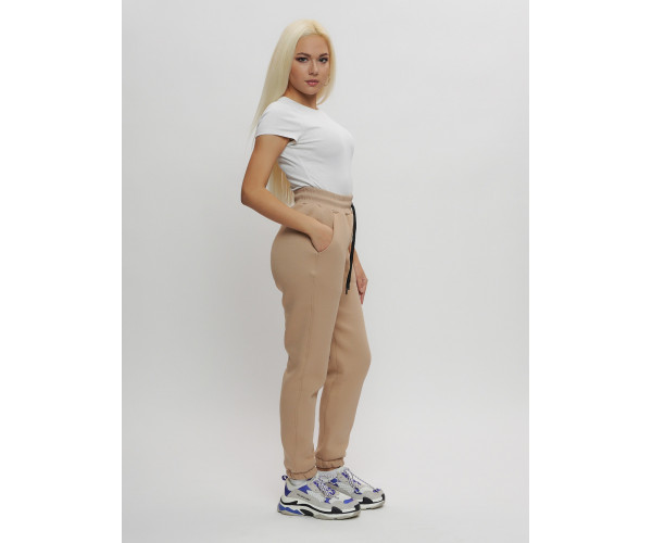 Джоггеры женские на флисе зимние бежевого цвета 1097B