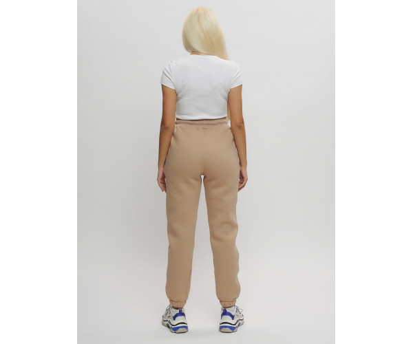 Джоггеры женские на флисе зимние бежевого цвета 1097B