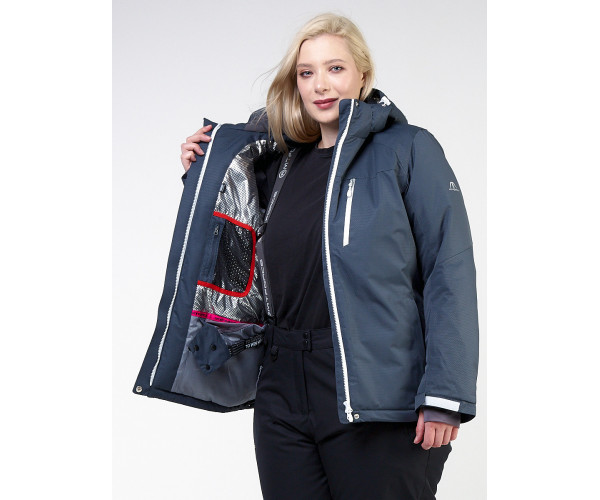 Женская зимняя горнолыжная куртка большого размера темно-серого цвета 11982TC