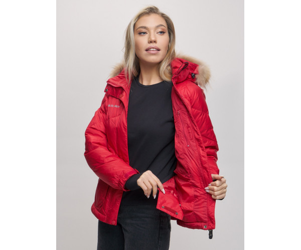 Пуховик еврозима с мехом Valianly красного цвета 22107Kr