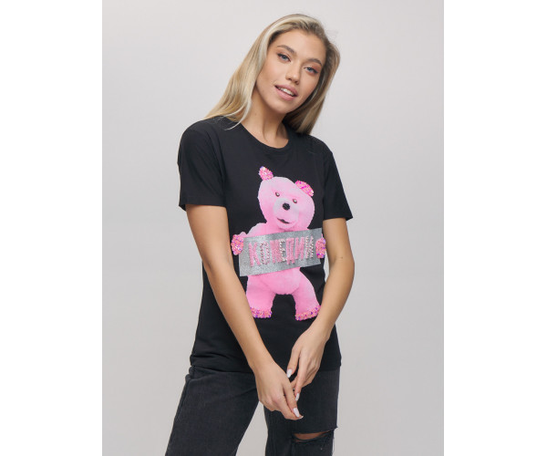 Женские футболки с принтом черного цвета 1681Ch
