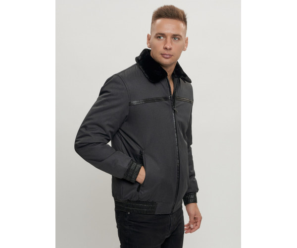 Куртка классическая с мехом мужская темно-серого цвета 2917TC