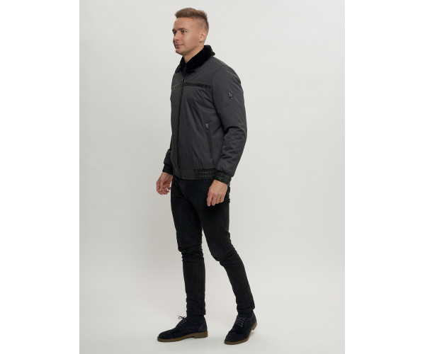 Куртка классическая с мехом мужская темно-серого цвета 2917TC