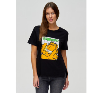 Женские футболки с принтом черного цвета 34001Ch