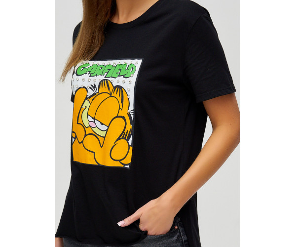 Женские футболки с принтом черного цвета 34001Ch