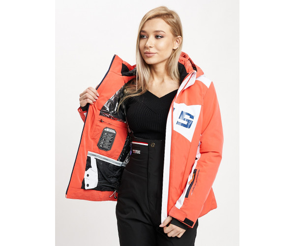 Горнолыжный костюм женский оранжевого цвета 077030O