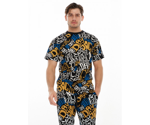 Костюм штаны и футболка с надписями черного цвета 91791Ch