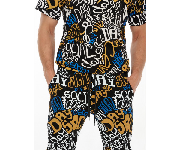 Костюм штаны и футболка с надписями черного цвета 91791Ch