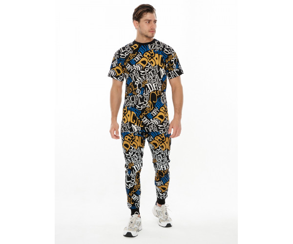 Костюм штаны и футболка с надписями черного цвета 91791Ch