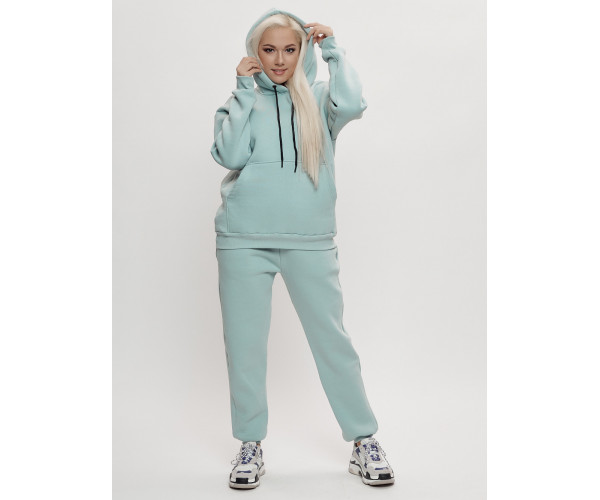 Трикотажный спортивный костюм женский с начесом бирюзового цвета 1084Br