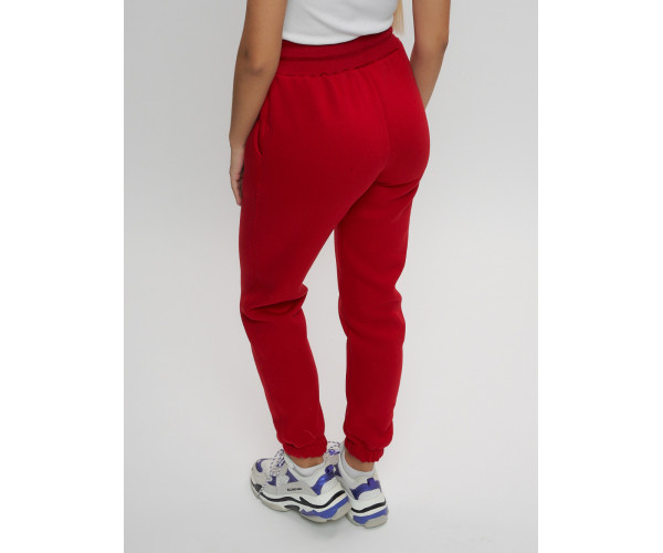 Джоггеры женские на флисе зимние красного цвета 1097Kr