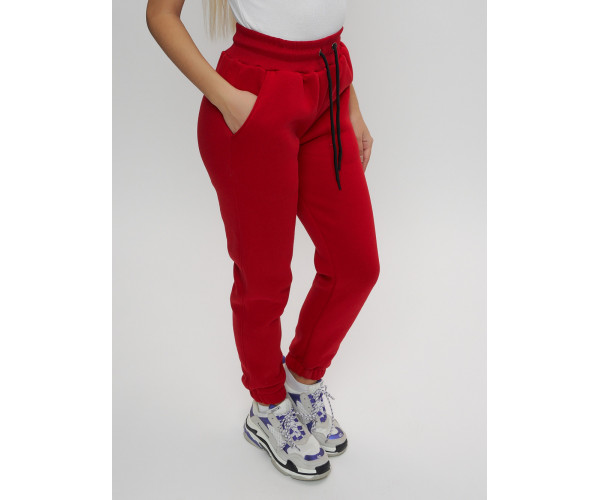 Джоггеры женские на флисе зимние красного цвета 1097Kr