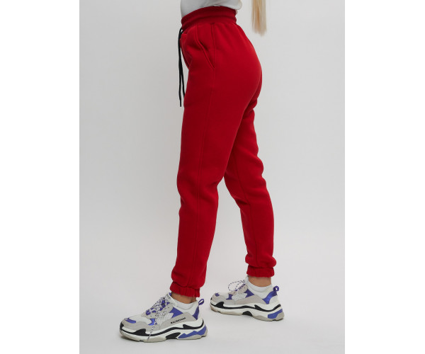 Джоггеры женские на флисе зимние красного цвета 1097Kr