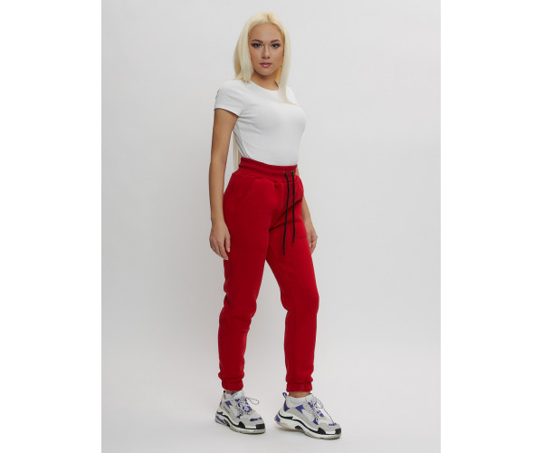 Джоггеры женские на флисе зимние красного цвета 1097Kr