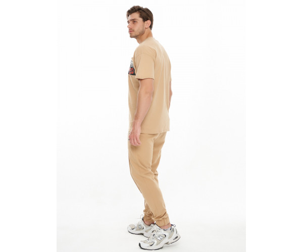 Костюм джоггеры с футболкой бежевого цвета 9181B
