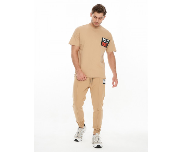 Костюм джоггеры с футболкой бежевого цвета 9181B