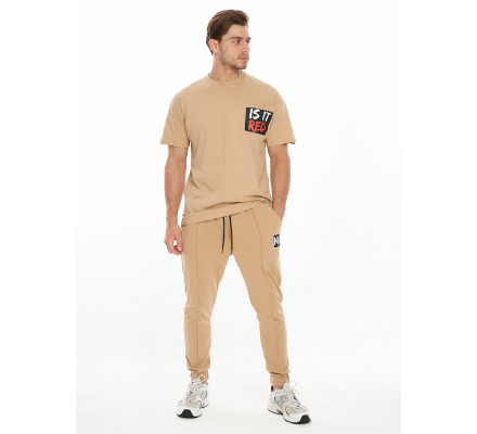 Костюм джоггеры с футболкой бежевого цвета 9181B