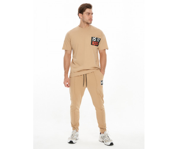 Костюм джоггеры с футболкой бежевого цвета 9181B