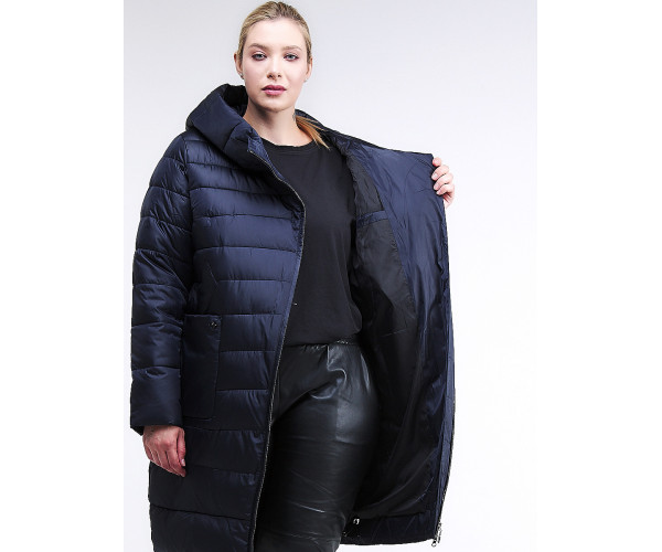 Женская зимняя классика куртка с капюшоном темно-синего цвета 1968_02TS