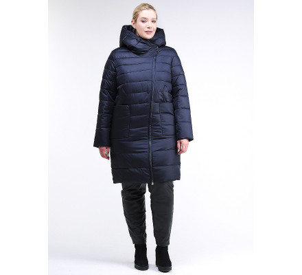 Женская зимняя классика куртка с капюшоном темно-синего цвета 1968_02TS
