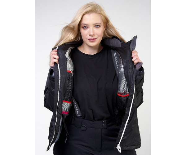Женская зимняя горнолыжная куртка большого размера черного цвета 21982Ch