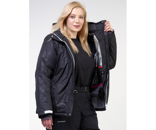 Женская зимняя горнолыжная куртка большого размера черного цвета 21982Ch