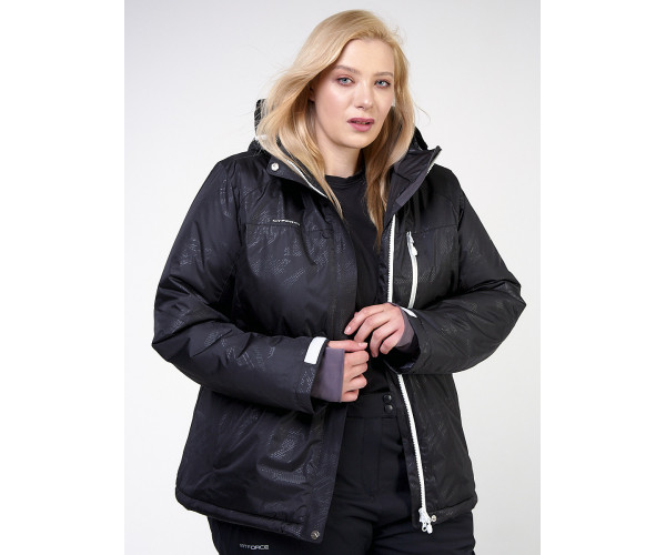 Женская зимняя горнолыжная куртка большого размера черного цвета 21982Ch