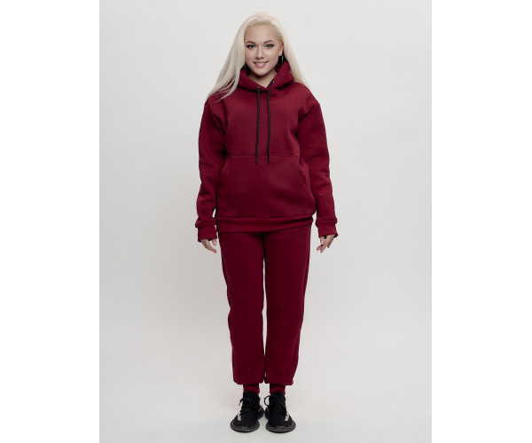 Трикотажный спортивный костюм женский с начесом бордового цвета 1084Bo