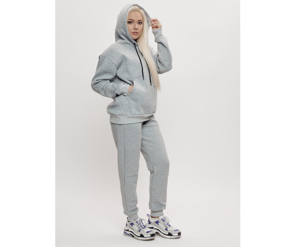 Трикотажный спортивный костюм женский с начесом серого цвета 1084Sr