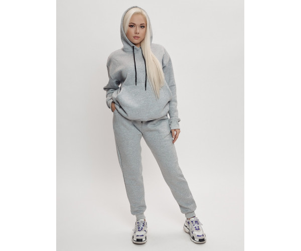 Трикотажный спортивный костюм женский с начесом серого цвета 1084Sr