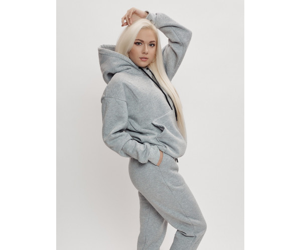 Трикотажный спортивный костюм женский с начесом серого цвета 1084Sr