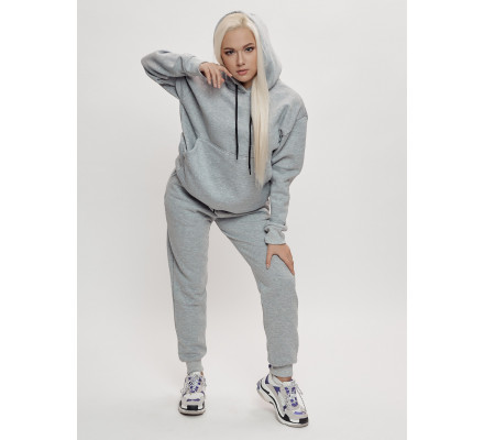 Трикотажный спортивный костюм женский с начесом серого цвета 1084Sr