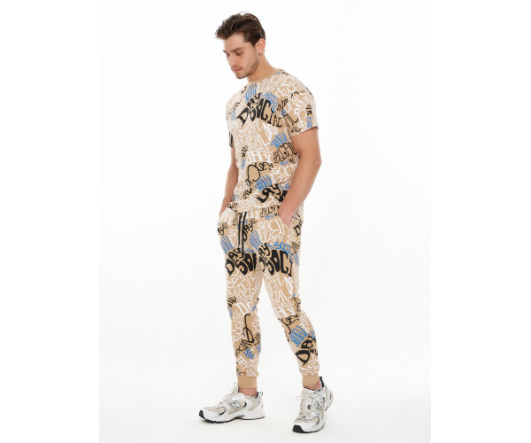 Костюм штаны и футболка с надписями бежевого цвета 91791B