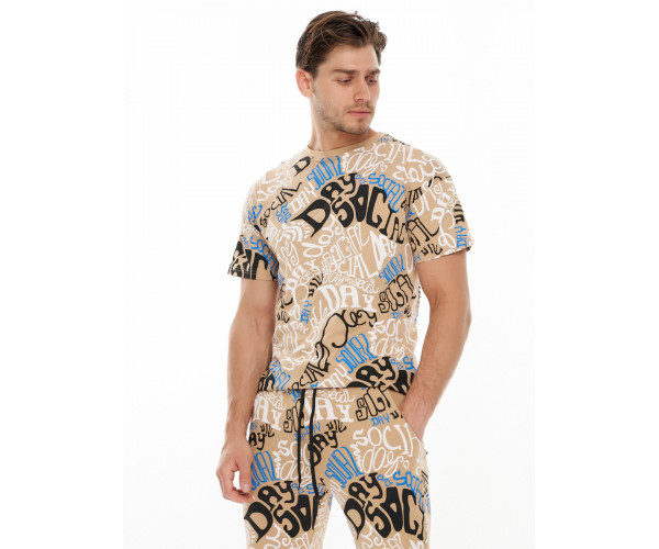 Костюм штаны и футболка с надписями бежевого цвета 91791B