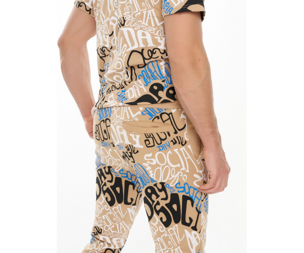 Костюм штаны и футболка с надписями бежевого цвета 91791B