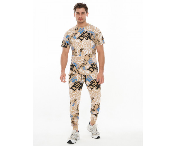 Костюм штаны и футболка с надписями бежевого цвета 91791B
