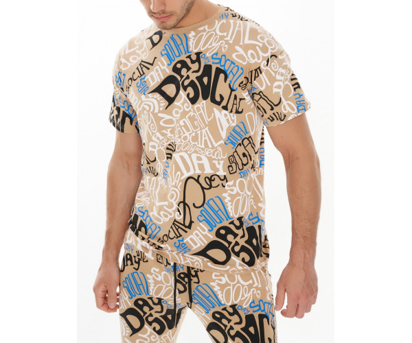 Костюм штаны и футболка с надписями бежевого цвета 91791B