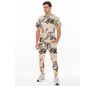 Костюм штаны и футболка с надписями бежевого цвета 91791B