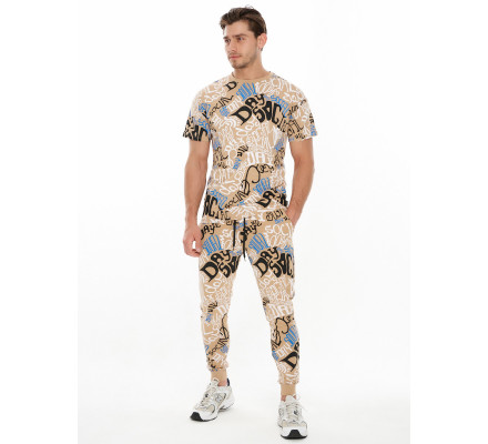 Костюм штаны и футболка с надписями бежевого цвета 91791B