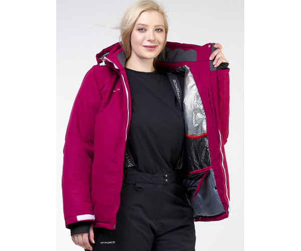 Женская зимняя горнолыжная куртка большого размера малинового цвета 11982M