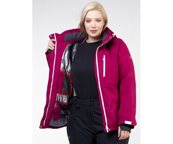 Женская зимняя горнолыжная куртка большого размера малинового цвета 11982M