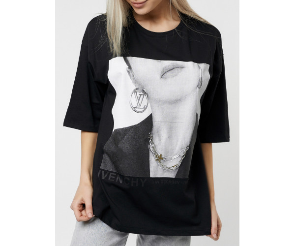 Женские футболки с принтом черного цвета 76098Ch