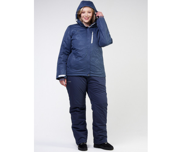 Женский зимний костюм горнолыжный большого размера темно-синего цвета 021982TS